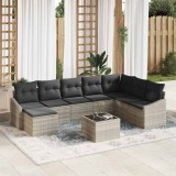 vidaXL Set de dining pentru grădină, 9 piese, cu perne, gri, din ratan sintetic