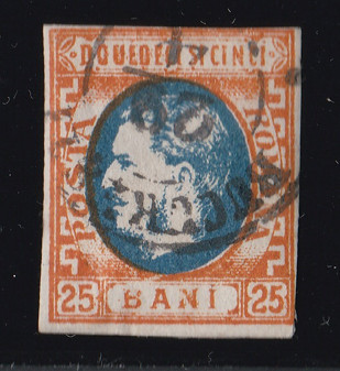 Romania 1869 - LP 28 - 25 BANI Albastru/Ocru - Carol I Cu Favoriti - Stampilat foto