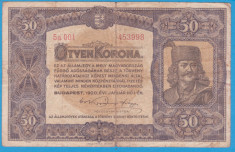 (9) BANCNOTA UNGARIA - 50 KORONA 1920 (1 IANUARIE1920) SERIA 5a001/453998 foto