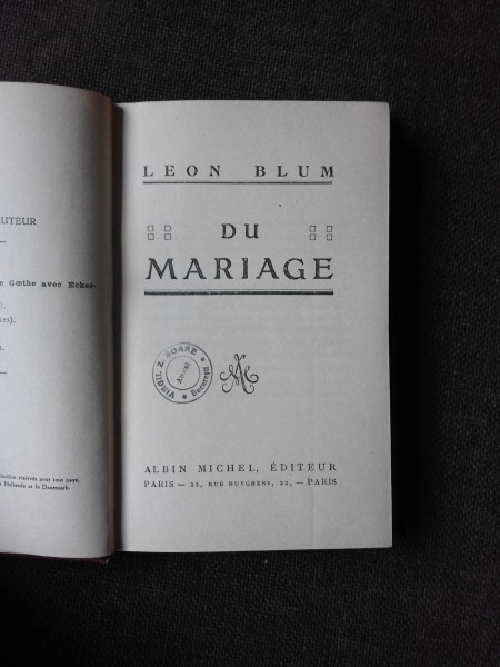 DU MARIAGE - LEON BLUM (CARTE IN LIMBA FRANCEZA)