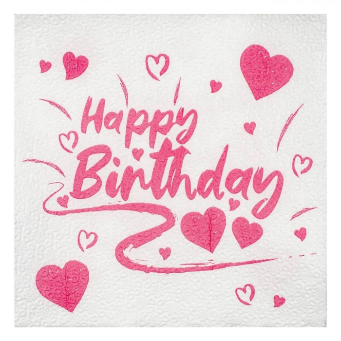 șervețele Petrecere, Model Happy Birthday, Set 40 Bucăți, Roz, Dimensiune 33x33cm, 1 Strat