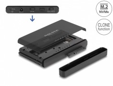 Convertor USB 3.2 Gen2 type C la M.2 NVMe SSD + 1 x SATA SSD/HDD cu functie de clona, Delock 64190