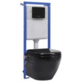 Vas WC Suspendat vidaXL Negru, Rezervor &Icirc;ngropat, Bideu, Ceramică Fără Ramă, Soft Close