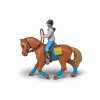 Figurina Papo Cal de Echitatie Castaniu cu Sa Albastra, 11.7cm, Jucarie Realista pentru Copii 3+