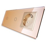 Intrerupator simplu x 2 + 1 x priza simpla Livolo VL-C701/C701/C7-C1EU-13, rama din sticla, incastrat, auriu