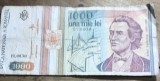 BNKRO05 Bancnota veche 1000 lei 1991 Mihai Eminescu cu stema hirtie Romania una mie lei circulata bani colectie numismatica
