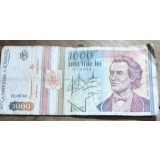 BNKRO05 Bancnota veche 1000 lei 1991 Mihai Eminescu cu stema hirtie Romania una mie lei circulata bani colectie numismatica