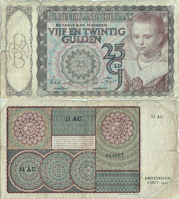 1943 ( 6 X ) , 25 gulden ( P-60a.1 ) - Țările de Jos foto
