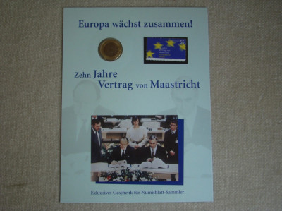 GERMANIA - Plic Filatelic si Moneda 1 Euro &amp;quot;10 Ani Maastricht&amp;quot; 2002 - UNC foto