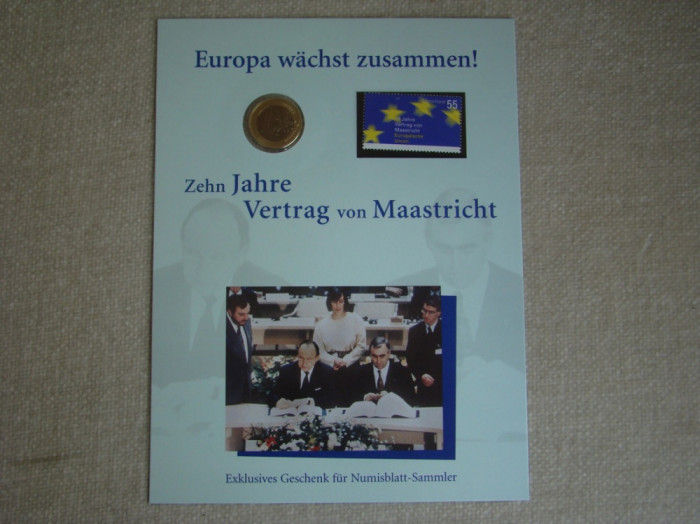 GERMANIA - Plic Filatelic si Moneda 1 Euro &quot;10 Ani Maastricht&quot; 2002 - UNC