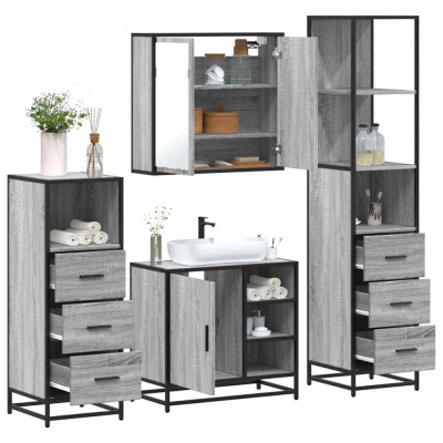 Set de mobilier de baie 4 piese Lemn stratificat gri Sonoma foto