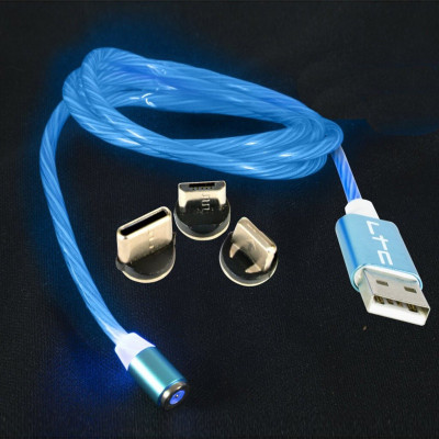 Cablu 1m 3in1 USB TYPE C iPhone Micro USB iluminat LED albastru foto