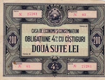 OBLIGATIUNE CEC R.P.R.DOUA SUTE LEI foto