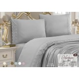 Set Lenjerie Bumbac Damasc Cu Broderie Lux Gri , 4 Piese