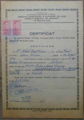 Certificat de botez/ Biserica Sf. Imparati 1943, Galati foto