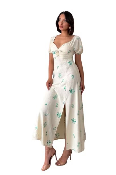 Rochie midi florala, crem pastel, menta, croi lejer, L INTL