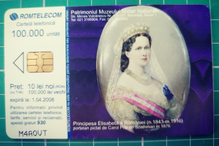 Cartela telefonica Romtelecom 100.000 lei 10 lei noi Patrimoniul Muzeului Militar National 2008 M4AOVT Principesa Elisabeta a Romaniei 1843 - 1916