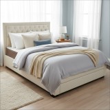 Pat matrimonial cu spatiu depozitare Austin, elemente lemn masiv, tapitat cu stofa, cu somiera,160x200 cm, crem