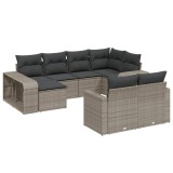 Set mobilier de gradina cu perne, 10 piese, gri, poliratan