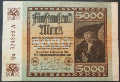 Bancnota istorica 5000 MARCI / MARK - GERMANIA, anul 1922 * cod 63= BERLIN foto