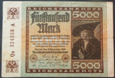 Bancnota istorica 5000 MARCI / MARK - GERMANIA, anul 1922 * cod 63= BERLIN foto