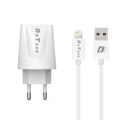 Incarcator si Cablu Date compatibil telefon iPhone Lightning 5/6/7/8, DeTech, 5V, 2.1A, 2100mAh, incarcare rapida, 2 x port USB