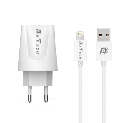 Incarcator si Cablu Date compatibil telefon iPhone Lightning 5/6/7/8, DeTech, 5V, 2.1A, 2100mAh, incarcare rapida, 2 x port USB foto