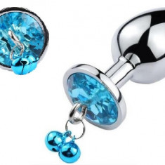 Dop Anal Metalic cu Clopotei Ring My Bells Small, Argintiu/Albastru, 7 cm, Passion Labs