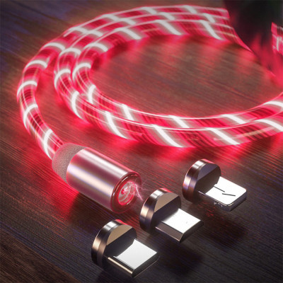 Cablu de Incarcare Magnetic USB la Type-C, Micro-USB, Lightning 1m - Techsuit LED Flowing - Red foto