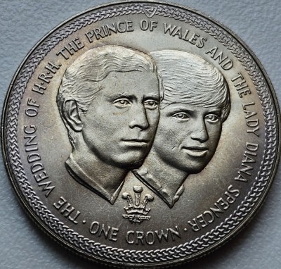 1 Crown 1981 Isle of Man / Insula Man, Wedding of Prince Charles and Lady Diana v2, km#82 foto
