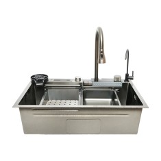 Chiuveta bucatarie multifunctionala cu doua baterii, otel inoxidabil, afisaj digital temperatura, doua cascade, spalator pahare, scurgator, tava, toc foto
