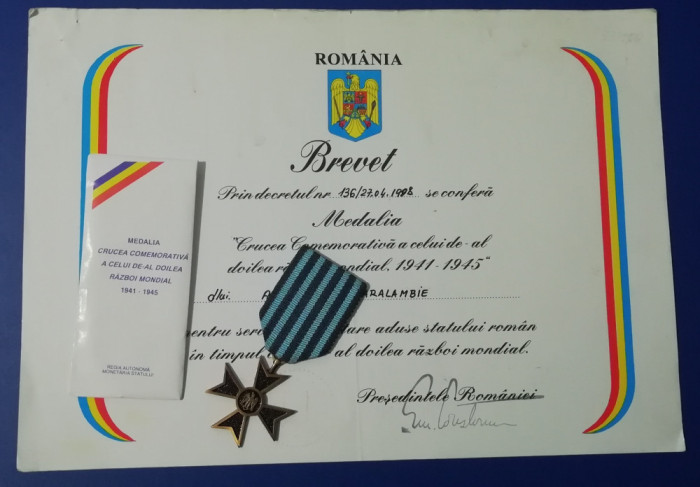 M1 DB - Decoratie cu brevet - Medalia crucea comemorativa - cel de-al doilea RM