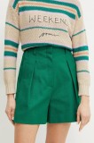 Weekend Max Mara pantaloni scurti din bumbac femei, culoarea verde, neted, high waist, 2515141016600