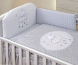 Set lenjerie din bumbac cu protectie laterala pentru pat bebelusi Sky Bunny Grey 120 x 60 cm, AMY