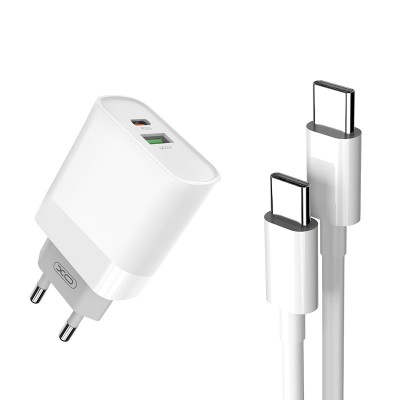 Incarcator Retea cu cablu USB Tip-C XO Design L64, 1 X USB - 1 X USB Tip-C, Quick Charge, 18W, Alb foto