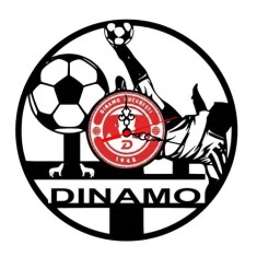 Ceas de perete decorativ realizat din disc de vinil, Model Dinamo Bucuresti, Fotbalist in Foarfeca, Lupi si Mingi, Text Dinamo, Negru, 30 cm