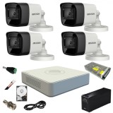 Sistem supraveghere video ultra profesional cu UPS Hikvision 4 camere exterior 5MP Turbo HD cu IR 80M full accesorii cu HARD SafetyGuard Surveillance