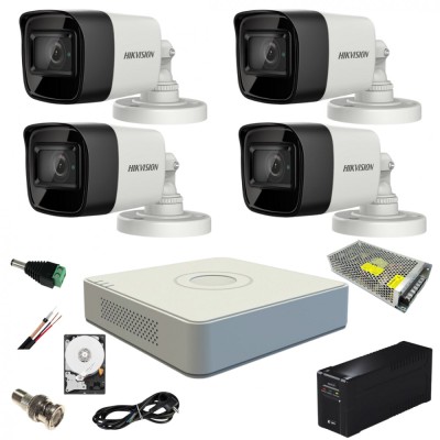 Sistem supraveghere video ultra profesional cu UPS Hikvision 4 camere exterior 5MP Turbo HD cu IR 80M full accesorii cu HARD SafetyGuard Surveillance foto