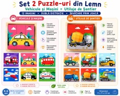 Set 2 puzzle-uri educative din lemn cu 9 cuburi, modele Vehicule si Masini + Utilaje de Santier, 6 imagini fiecare, joc Montessori pentru copii 4, 6 a