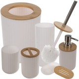 Set de accesorii rotunde pentru baie din plastic cu elemente bambus, 6 piese, alb maro Ruhhy