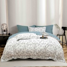 Lenjerie de lux pentru pat dublu,bumbac finet,6 piese,cearceaf cu elastic,alba albastra cu flori-A999