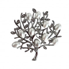 Brosa dama eleganta Copacul vietii, cu perle acrilice albe, argintiu/alb