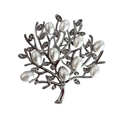 Brosa dama eleganta Copacul vietii, cu perle acrilice albe, argintiu/alb foto