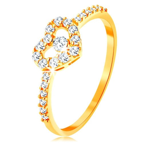 Inel din aur 585 - braţe din zirconiu, contur inimă lucioasă, transparentă cu zirconiu - Marime inel: 61
