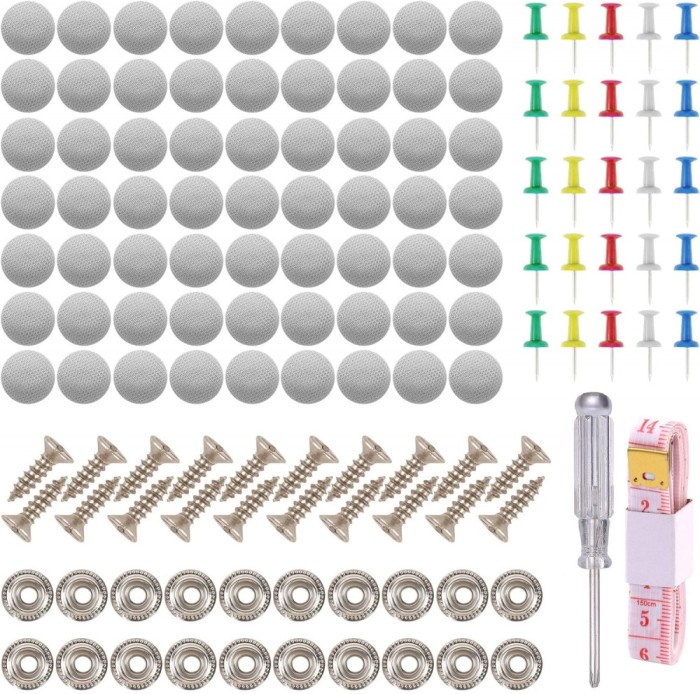 Kit 65 capse, pentru reparatia plafonului auto, compatibil Audi, Opel, BMW, VW, usor de instalat, surubelnita, banda de masura, Gri