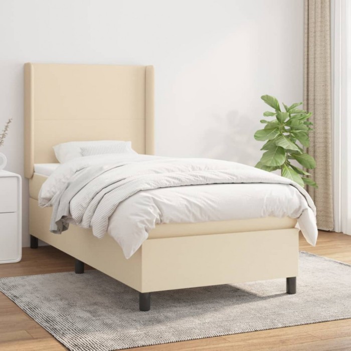 vidaXL Pat box spring cu saltea, crem, 90x200 cm, textil 3131246