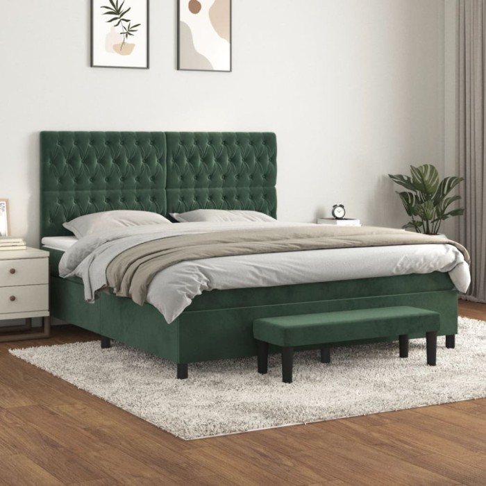 vidaXL Pat box spring cu saltea, verde &icirc;nchis, 180x200 cm, catifea 3138040