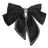 Clamă de păr cu fundă dublă din satin negru, cu strasuri argintii, 20 cm, CMCLASS