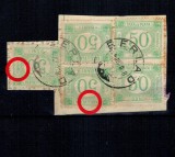 1908 - Taxa de Plata, 50 bani, decupaj cu 5 marci, doua cu erori
