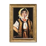 Tablou pictat manual inramat - Tarancuta cu basma galbena - 35x25cm ulei panza, reproducere Nicolae Grigorescu